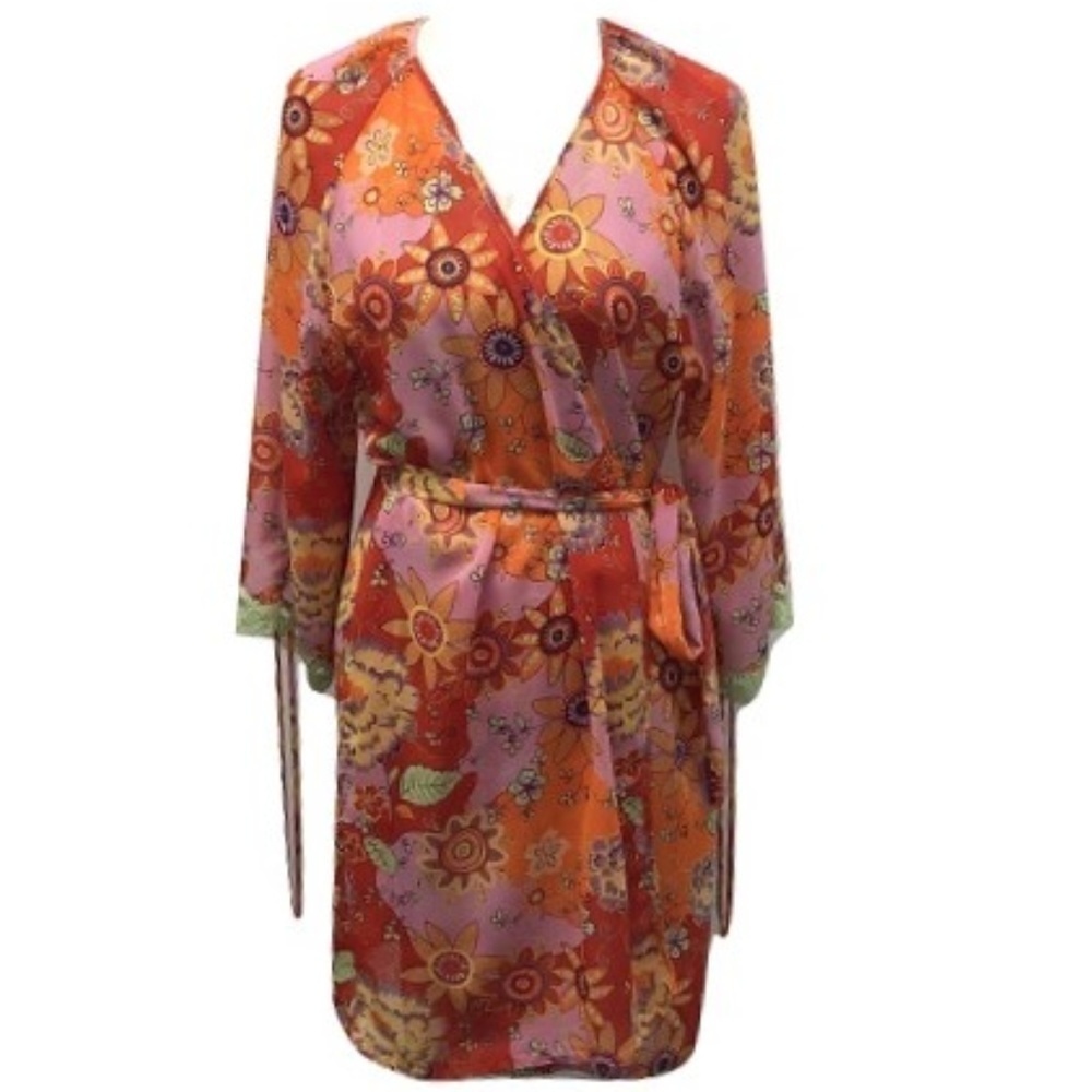 Josie Natori Silk Floral Wrap Dress, Size L